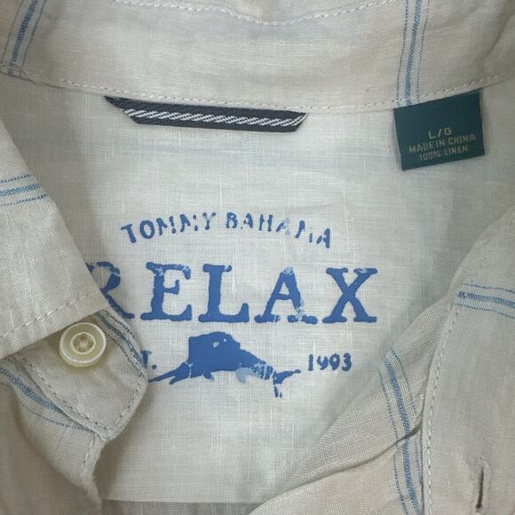 Tommy Bahama Relax Mens Large Linen Blue Button Up Shirt Window Pane - Picture 6 of 12